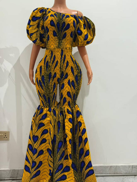 Off Shoulder African Print Stretchy Bell Bottom Jumpsuit.