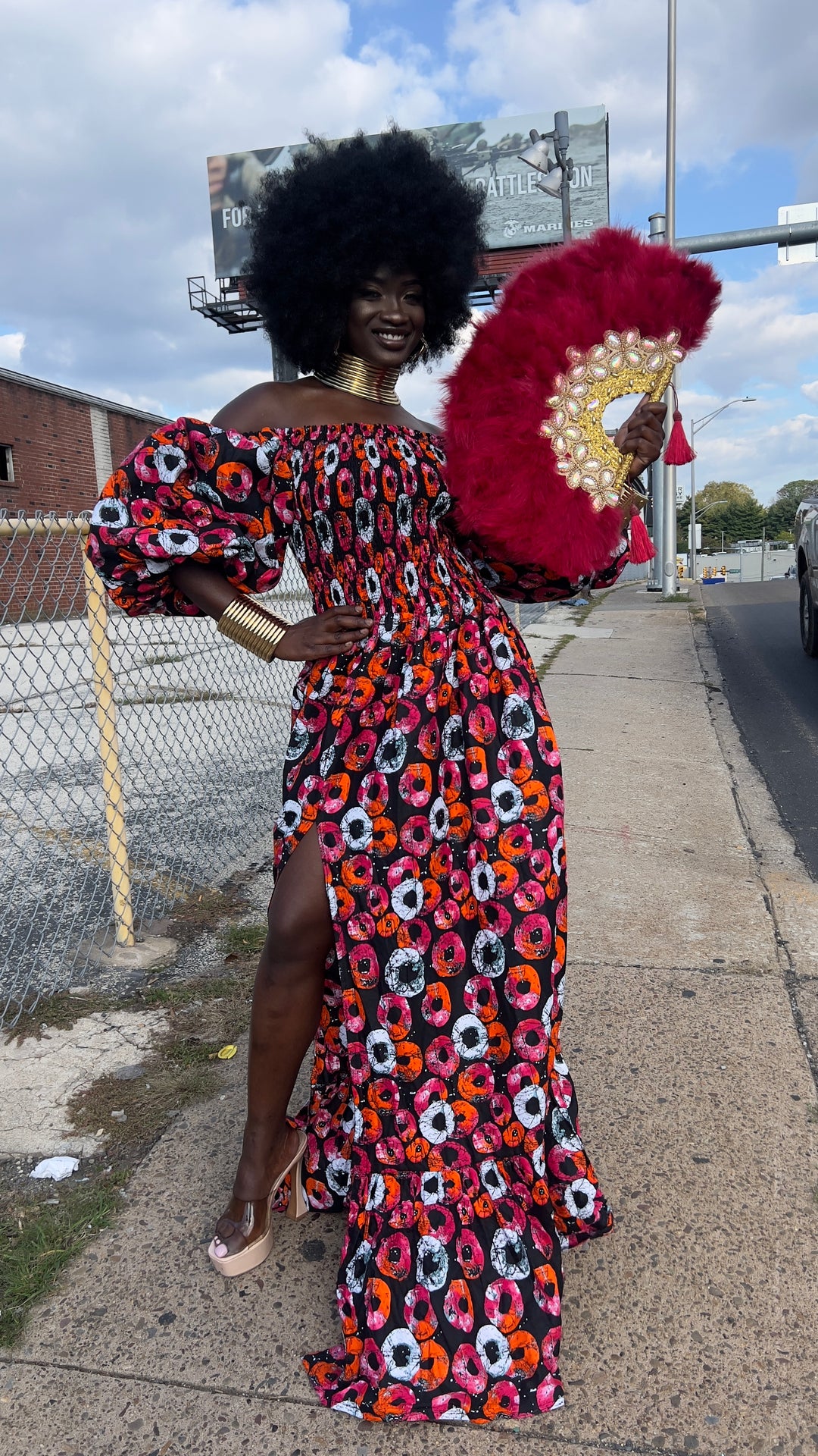 African print stretchy puffy sleeves long maxi dress.