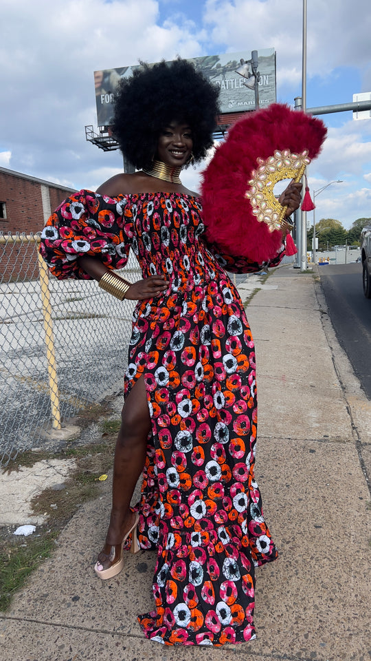 African print stretchy puffy sleeves long maxi dress.