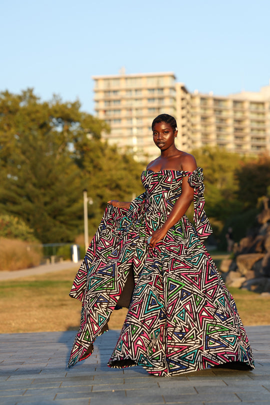 African print corset long maxi dress with tie on sleeves.