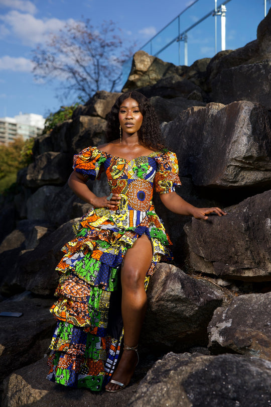 Niouma African print high waisted patches ruffled skirt set.