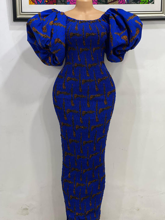 African print stretchy puff sleeve bodycon dress.