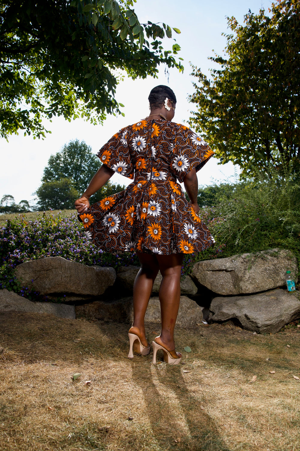 African print short peplum dress.