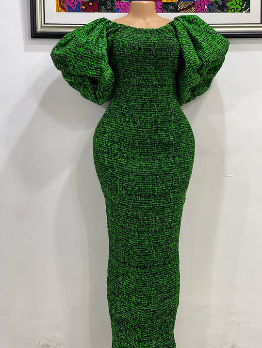 African print stretchy puff sleeve bodycon dress.