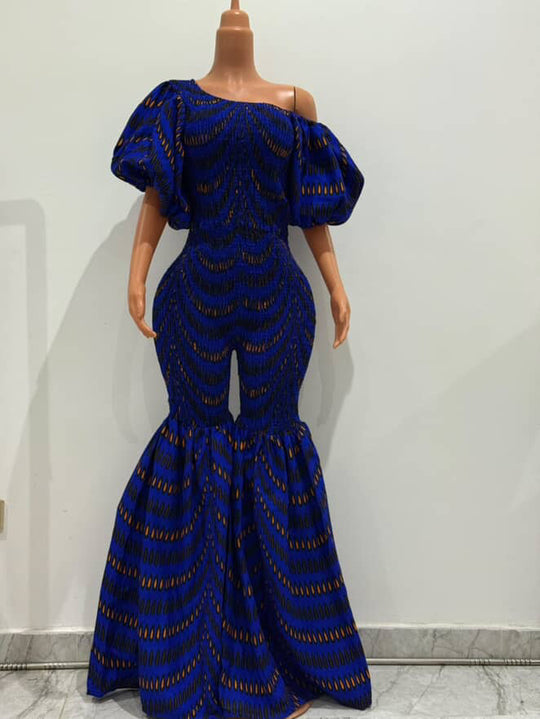 Off Shoulder African Print Stretchy Bell Bottom Jumpsuit.