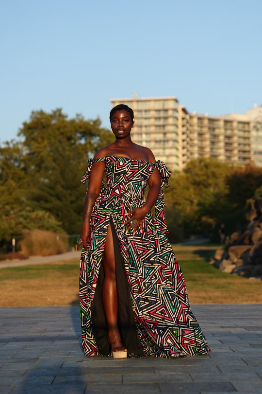 African print corset long maxi dress with tie on sleeves.