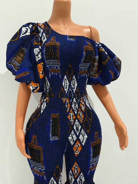 Off Shoulder African Print Stretchy Bell Bottom Jumpsuit.