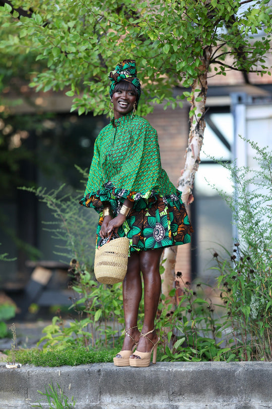 African print short A line dress with pockets.