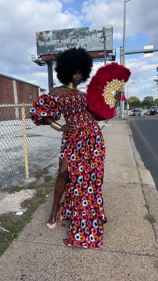 African print stretchy puffy sleeves long maxi dress.