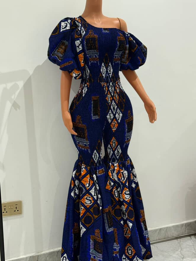 Off Shoulder African Print Stretchy Bell Bottom Jumpsuit.