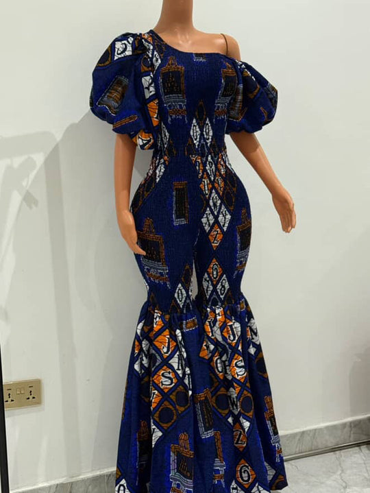 Off Shoulder African Print Stretchy Bell Bottom Jumpsuit.
