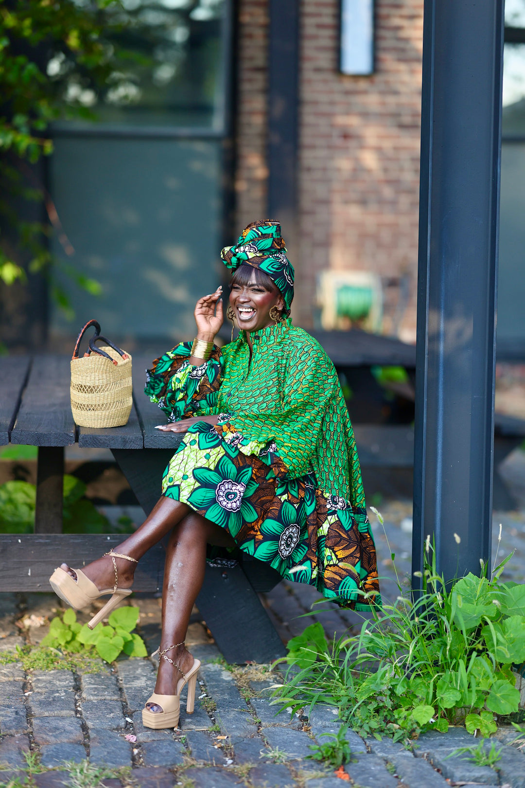 African print short A line dress with pockets.