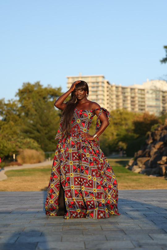 African print corset long maxi dress with tie on sleeves.