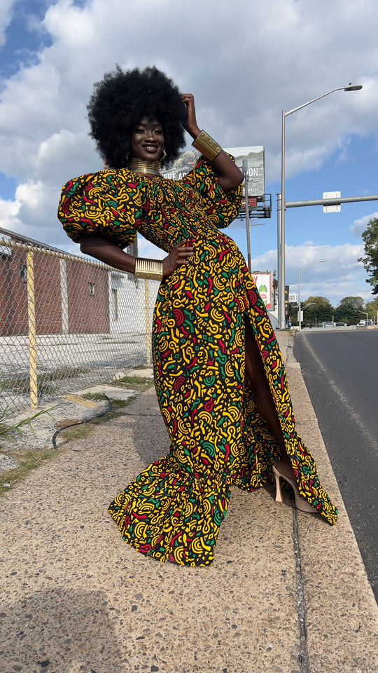 African print stretchy puffy sleeves long maxi dress.