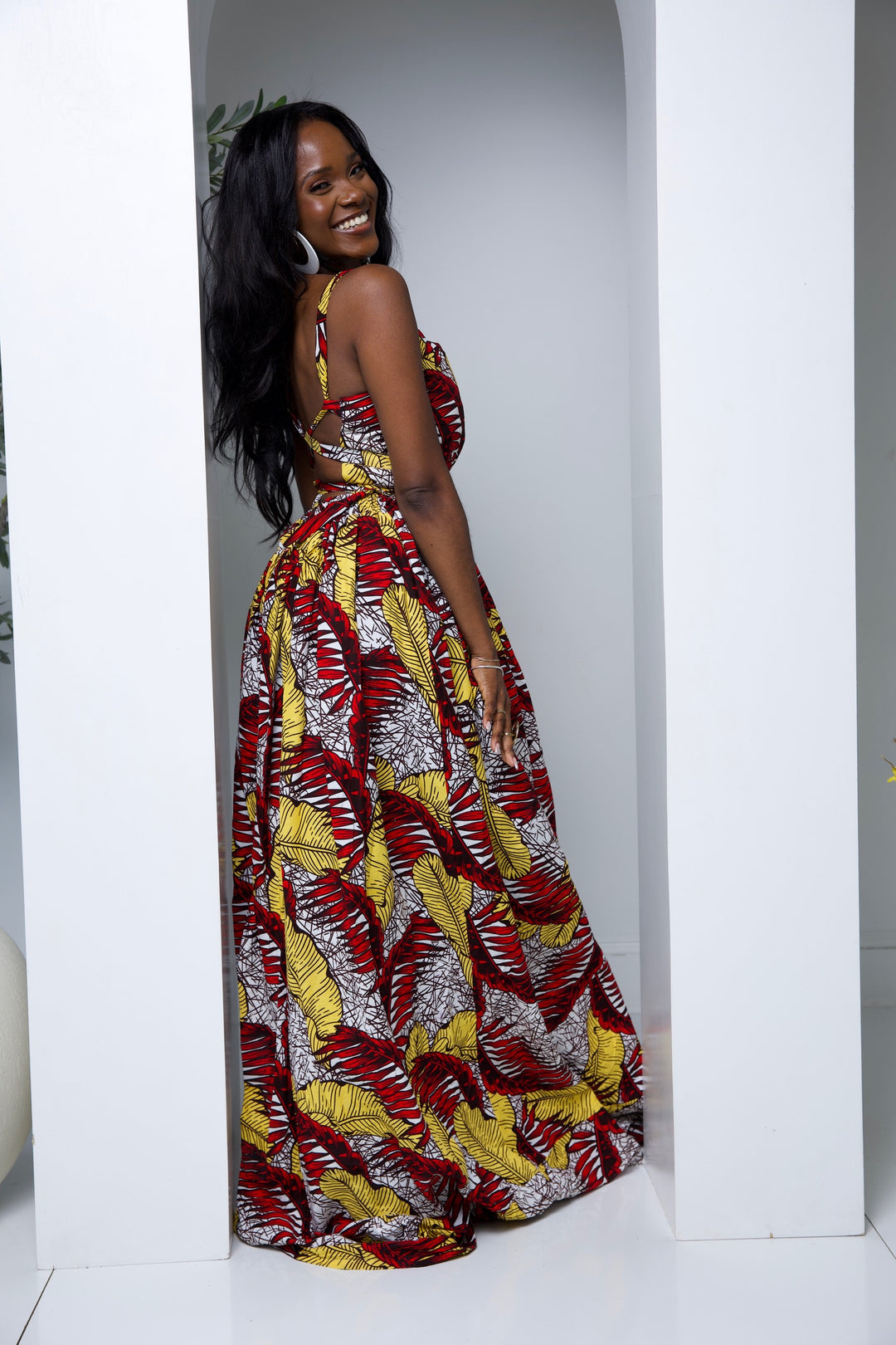 African print long maxi dress with open bareback.