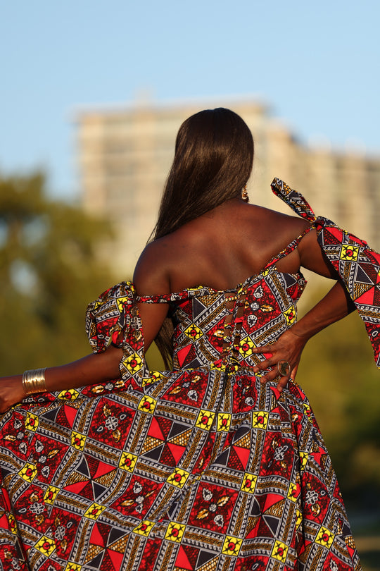 African print corset long maxi dress with tie on sleeves.