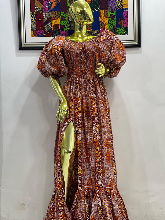 African print stretchy puffy sleeves long maxi dress