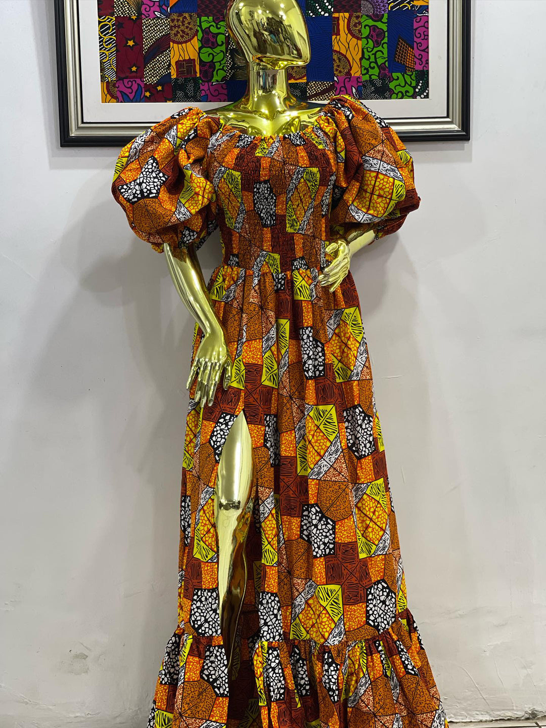 African print stretchy puffy sleeve long maxi dress.