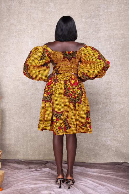 African print stretchy puffy sleeve short maxi dress.