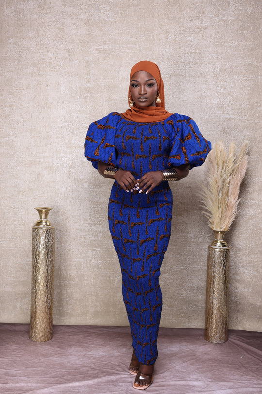 African print stretchy puff sleeve bodycon dress.