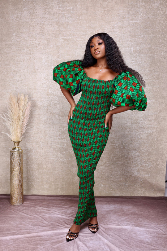 African print stretchy puff sleeve bodycon dress.