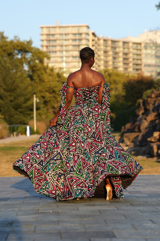 African print corset long maxi dress with tie on sleeves.