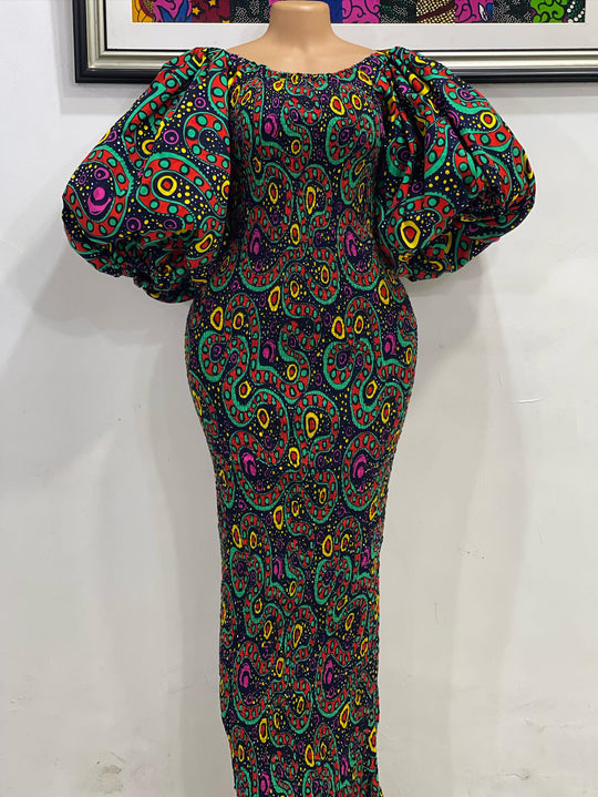 African print stretchy puff sleeve bodycon dress.