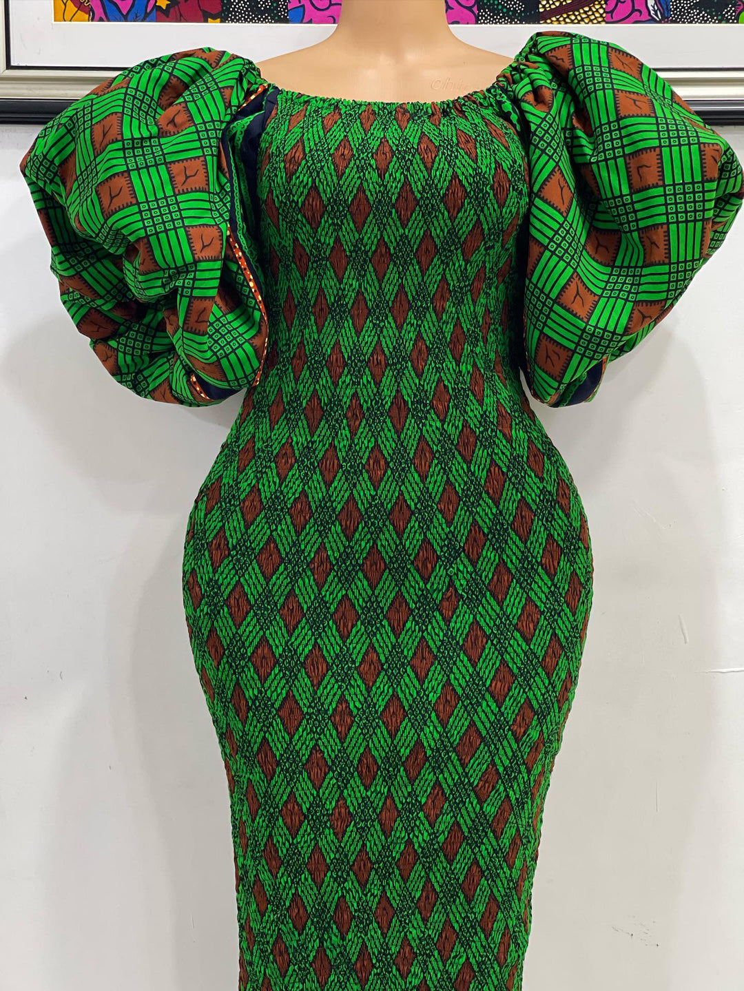 African print stretchy puff sleeve bodycon dress.