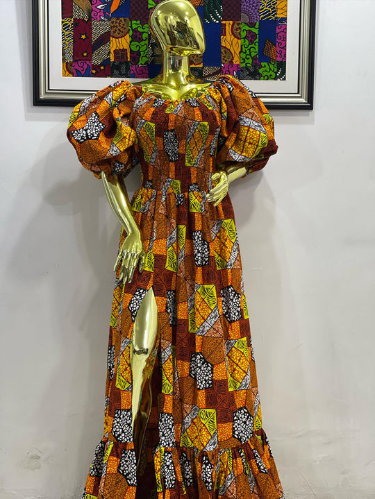 African print stretchy puffy sleeve long maxi dress.