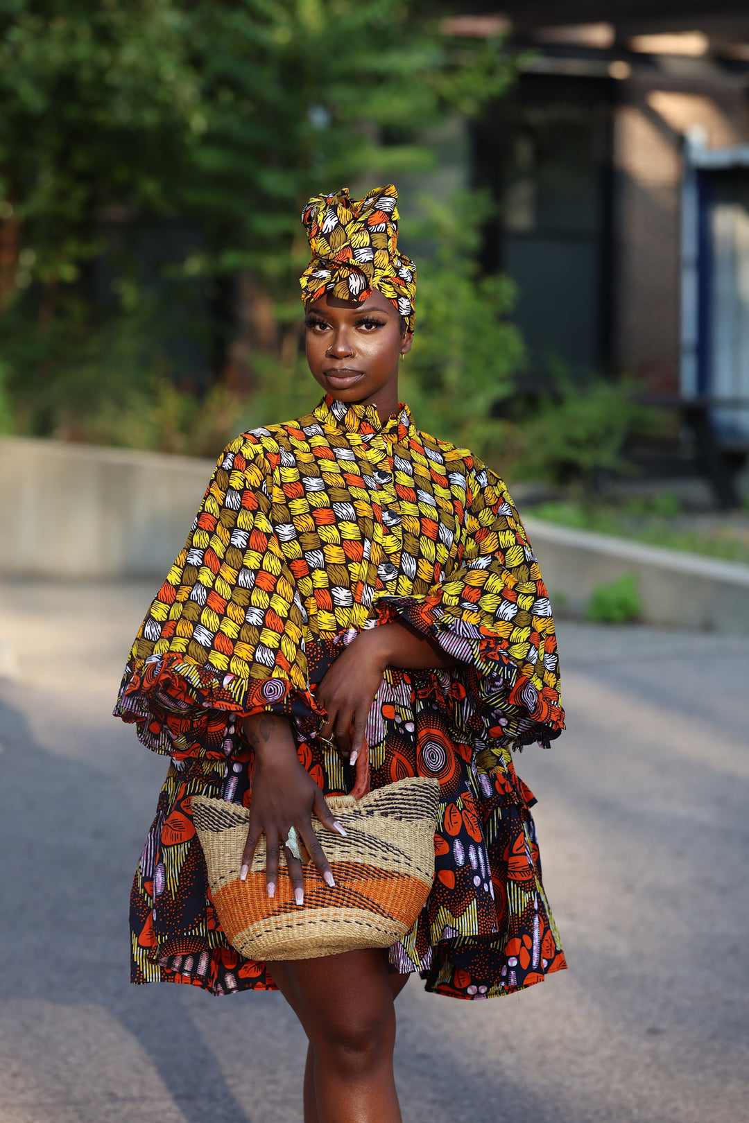 African print short A line flare dress with pockets.