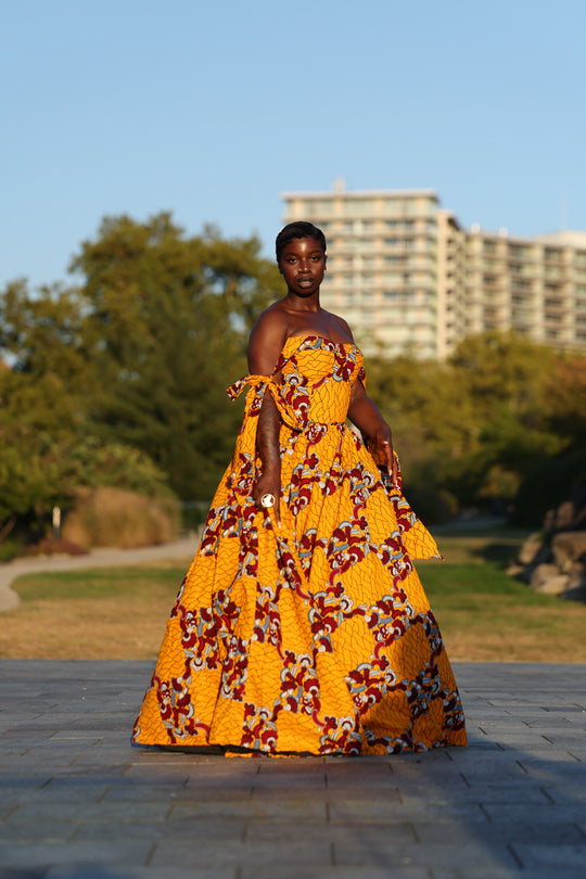 African print corset long maxi dress with tie on sleeves.