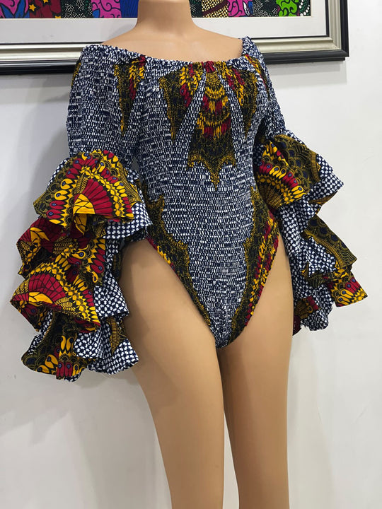 African print smoked off shoulder bodysuit with double layers sleeves