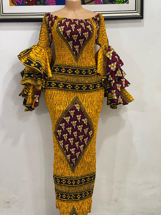 African print smoke body-con  dress with double layers sleeves.