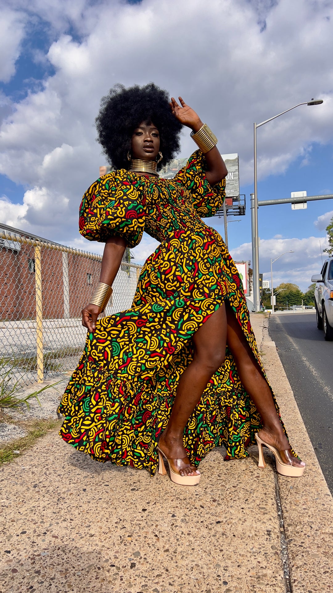 African print stretchy puffy sleeves long maxi dress.