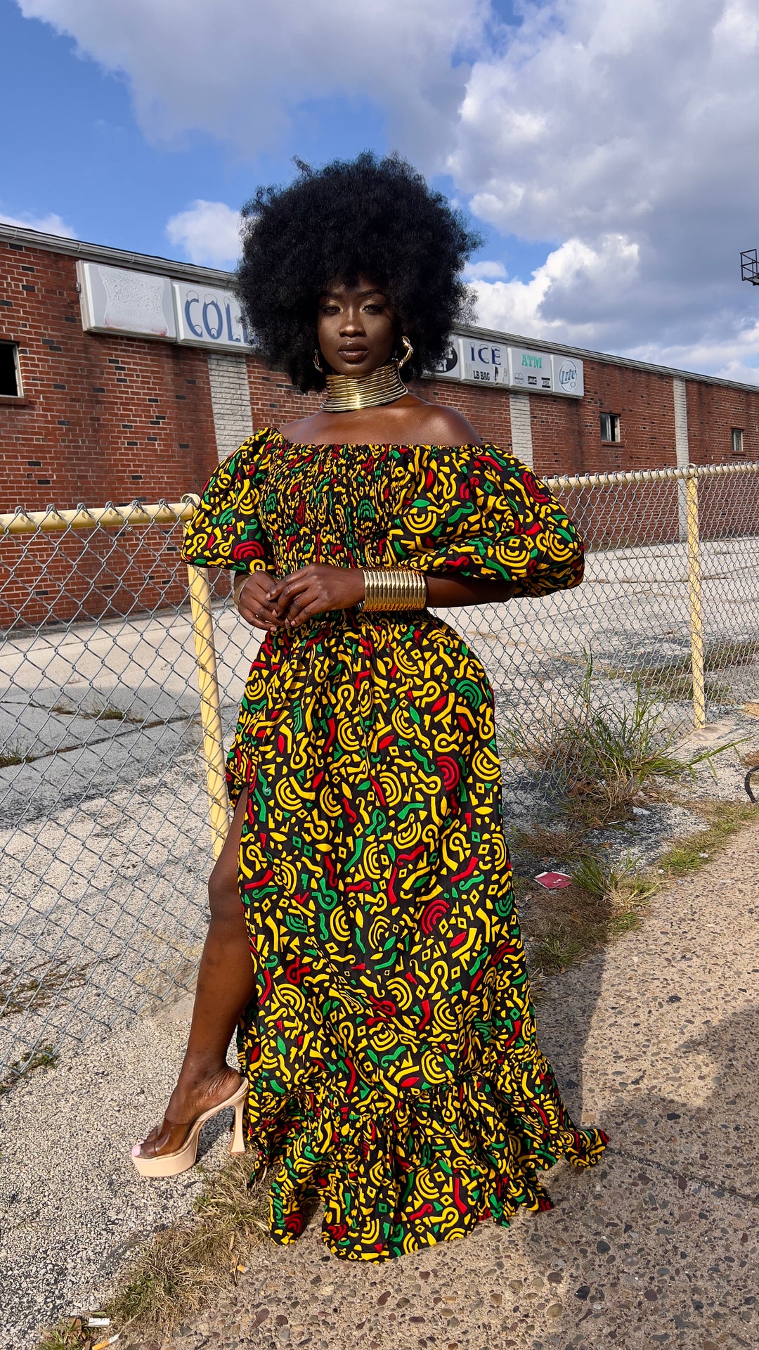 African print stretchy puffy sleeves long maxi dress.