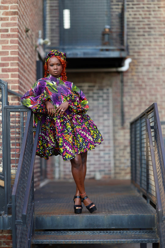 African print short A line flare dress with pockets.