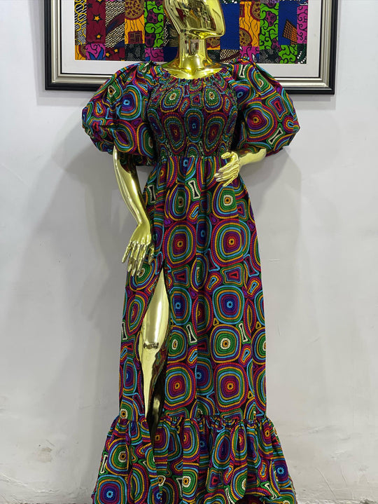 African print stretchy puffy sleeves long maxi dress.🔥