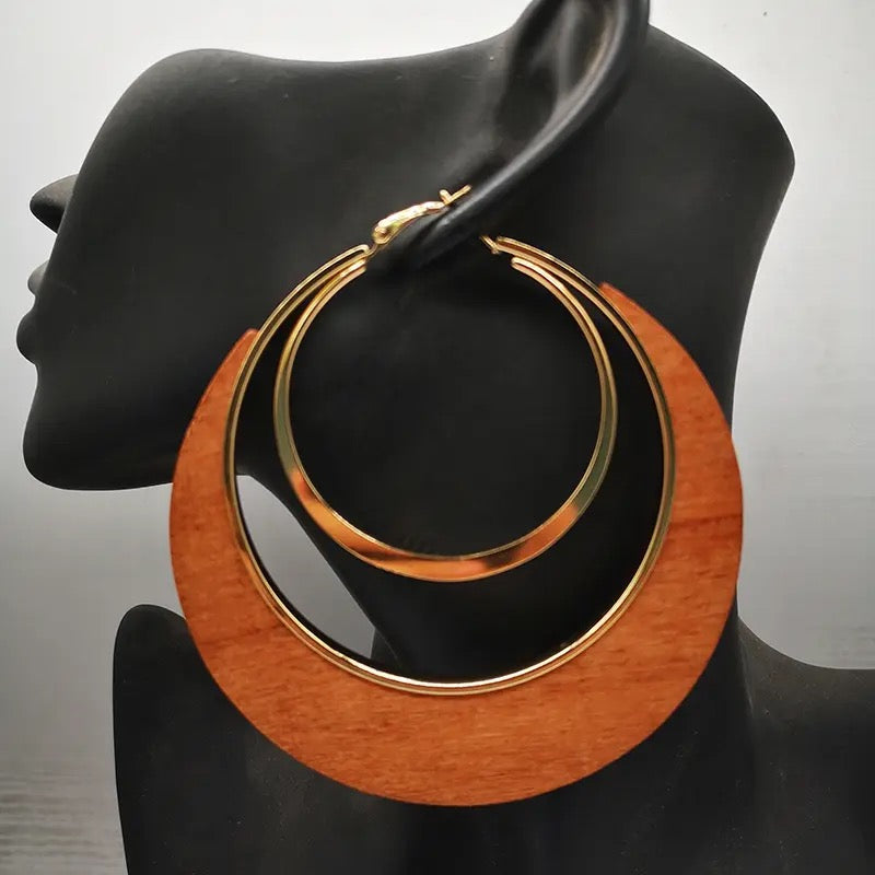 Newest Huge Gold Hoop Earrings With Wood.