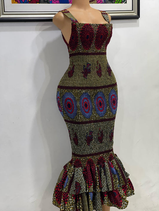 African print smoked body-con dress.