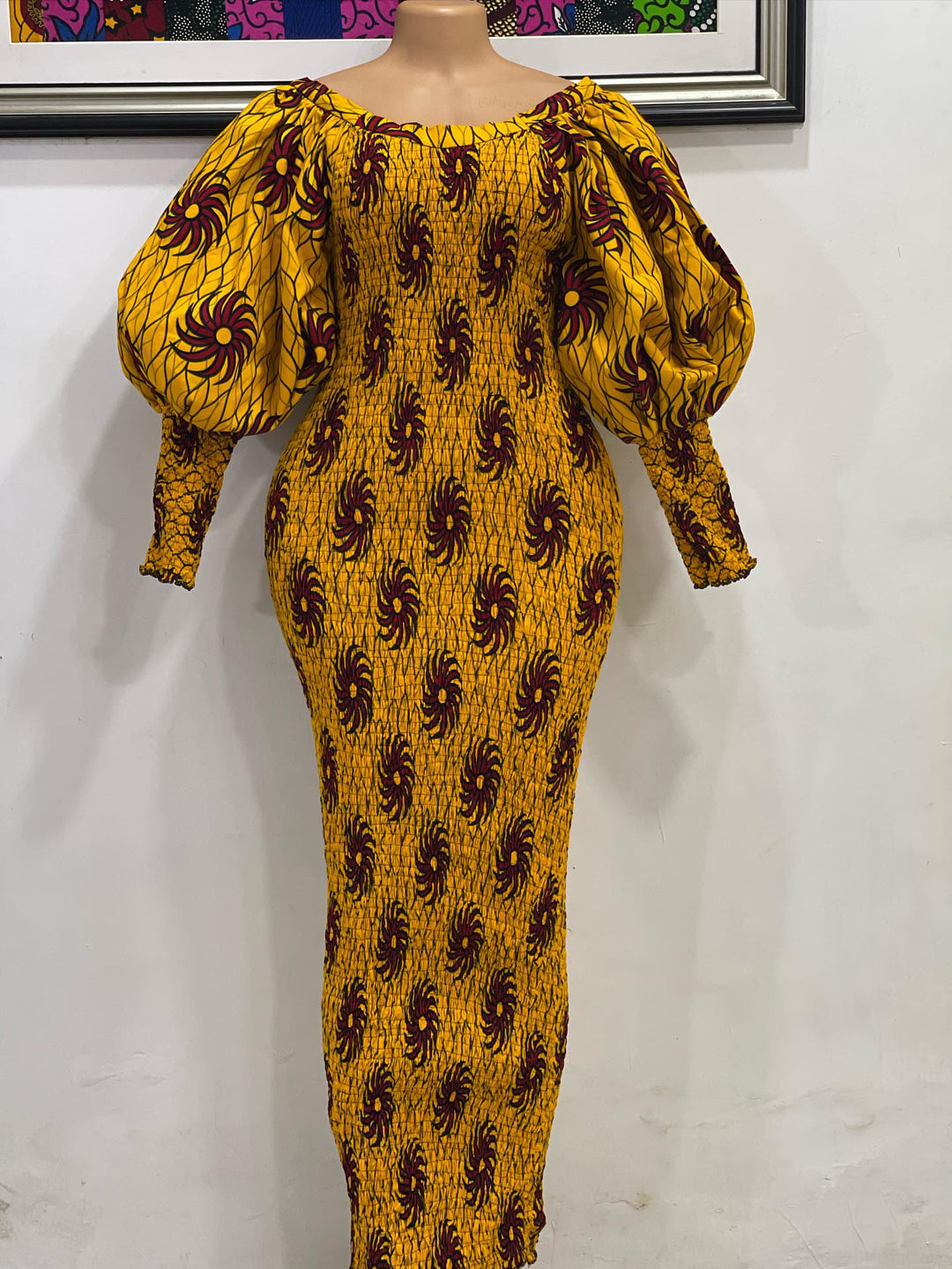 African print smoked puffy sleeves body-con dress.