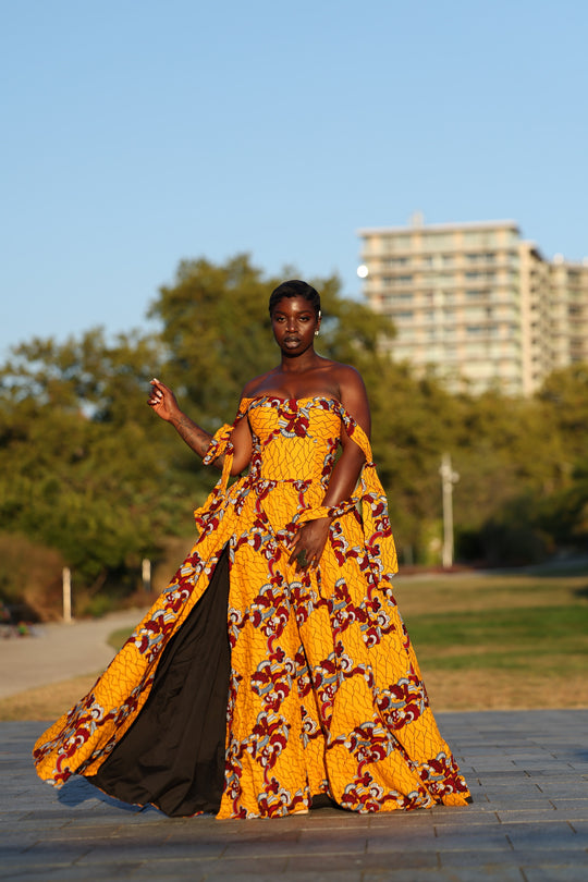 African print corset long maxi dress with tie on sleeves.