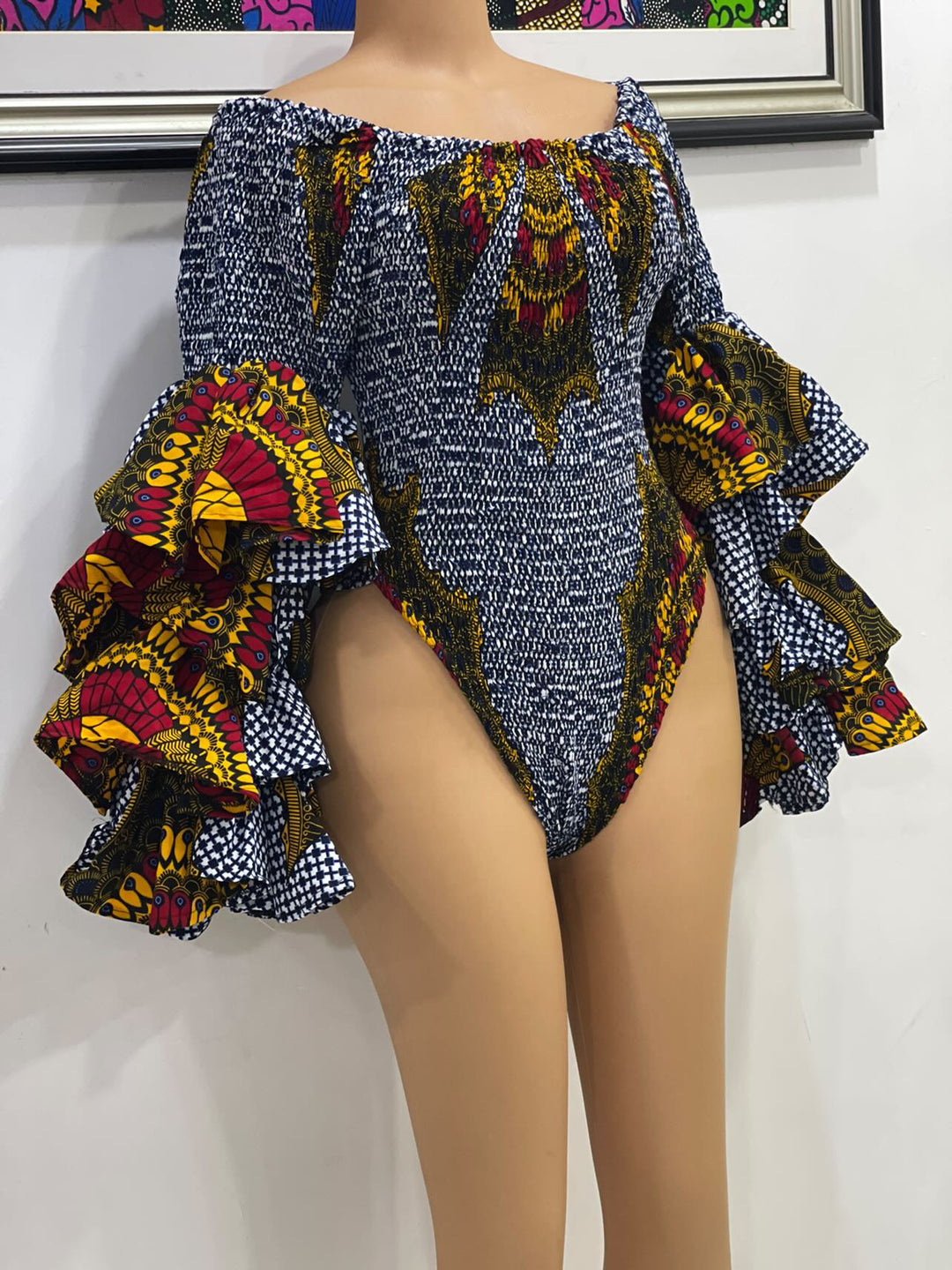 African print smoked off shoulder bodysuit with double layers sleeves