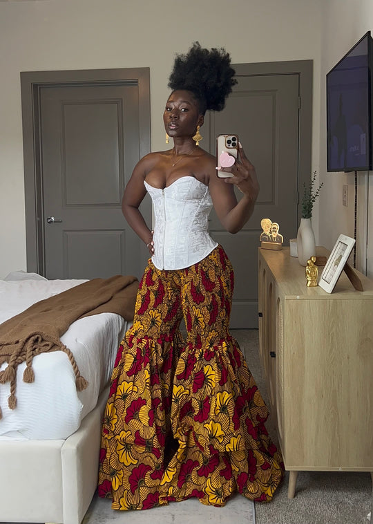 African print stretchy high-waist flare pants.