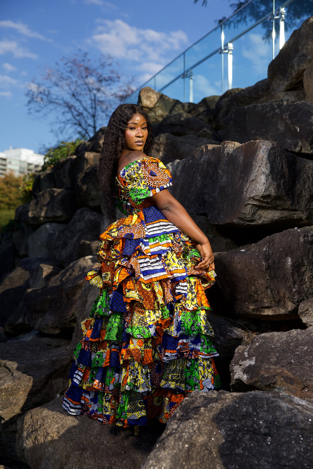 Niouma African print high waisted patches ruffled skirt set.