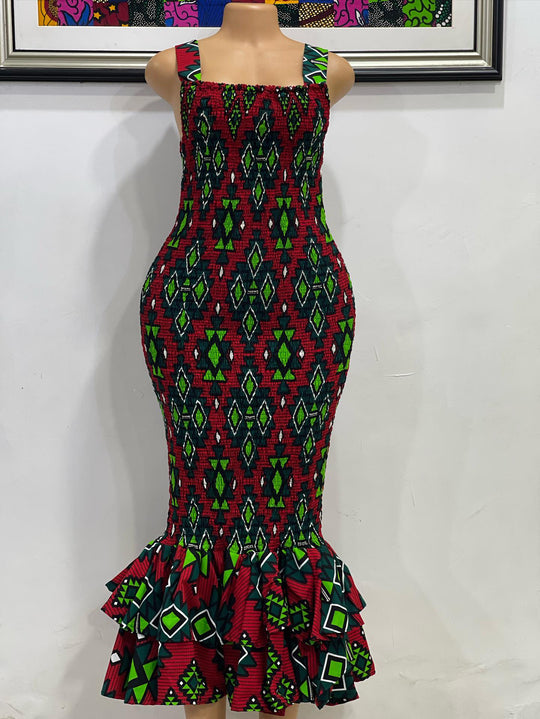 African print smoked body-con dress.