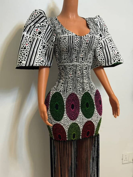 African print smoked bodycon dress with dripping fringe.