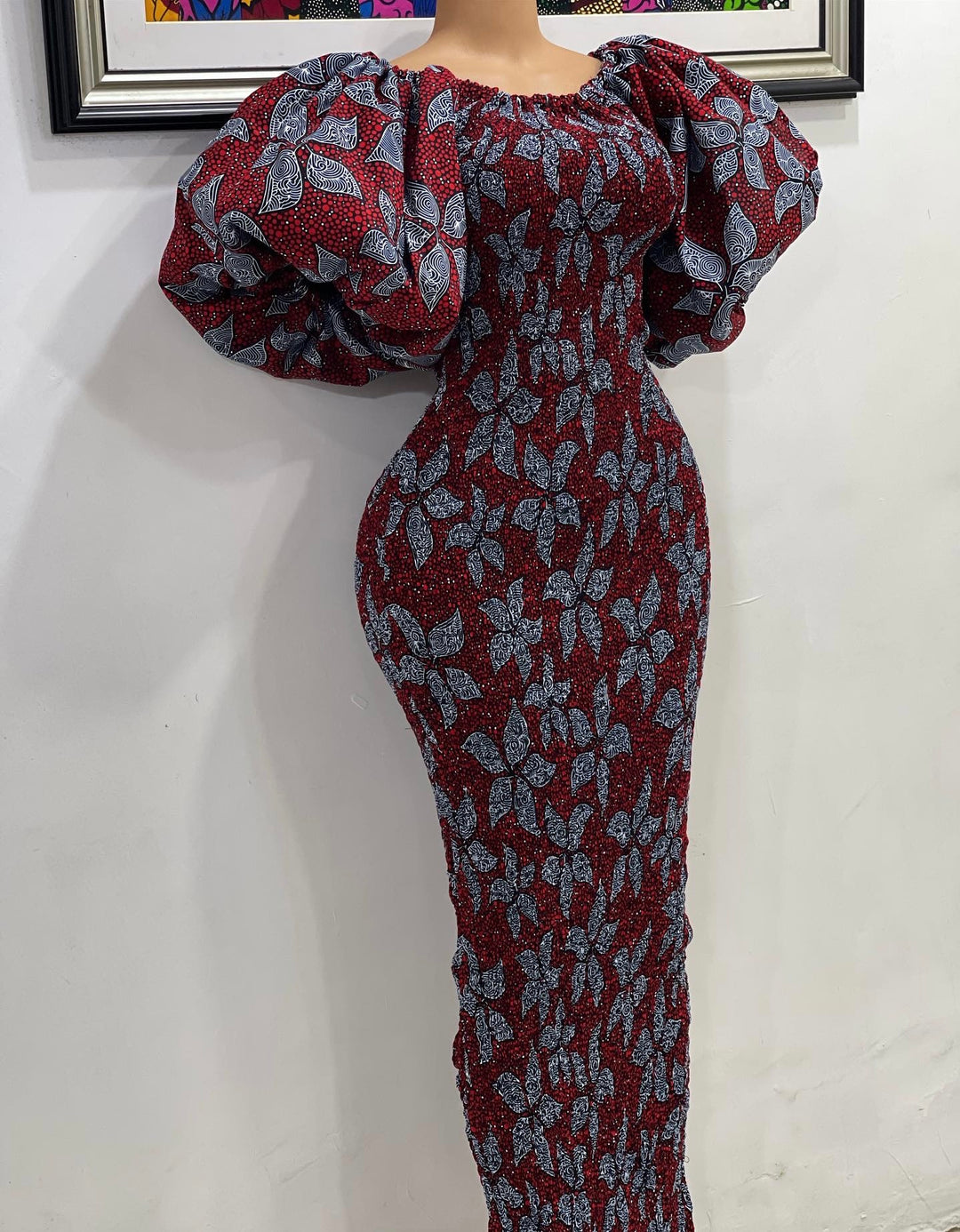 African print stretchy puff sleeve bodycon dress.