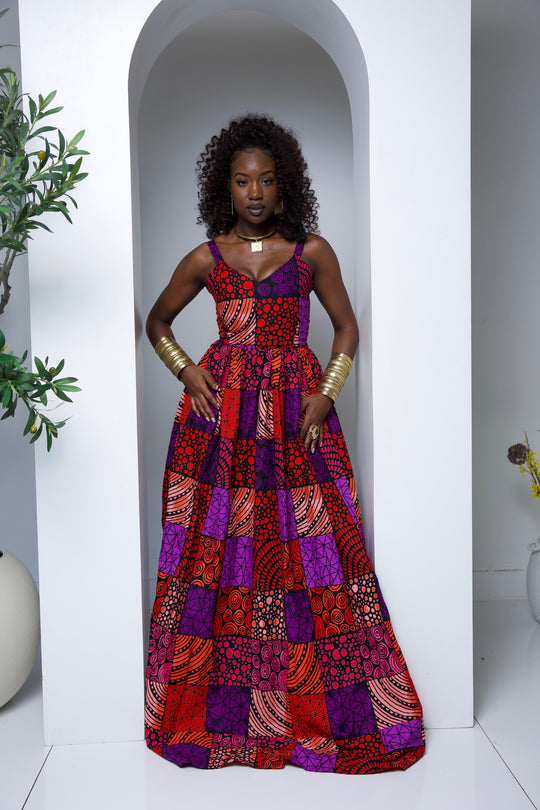 African print long maxi dress with open bareback.