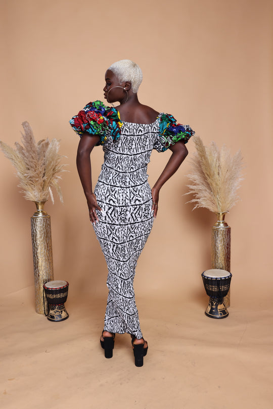 African smoked puffy sleeves body-con dress.