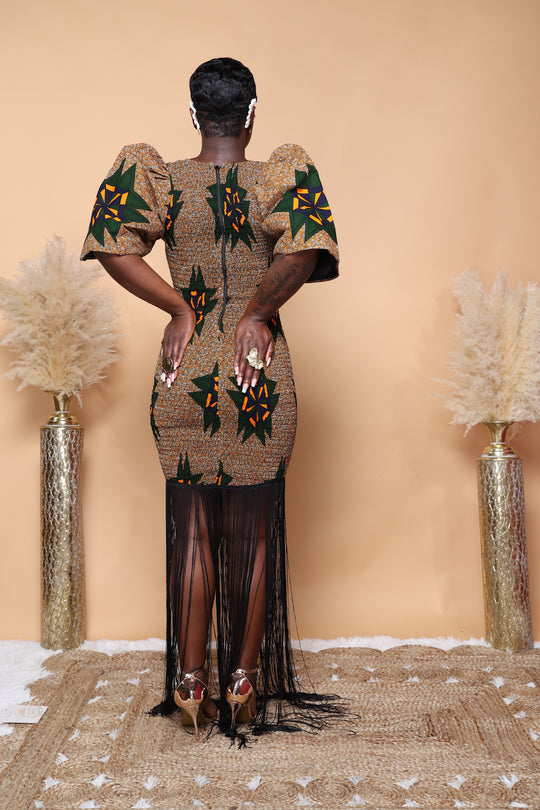 African print smoked dress with fringe.